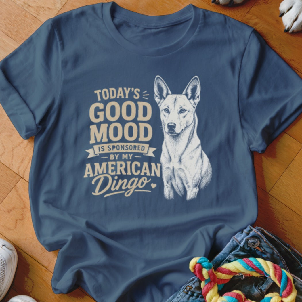 Blue t-shirt with "Today's Good Mood is Sponsored By My American Dingo" text.