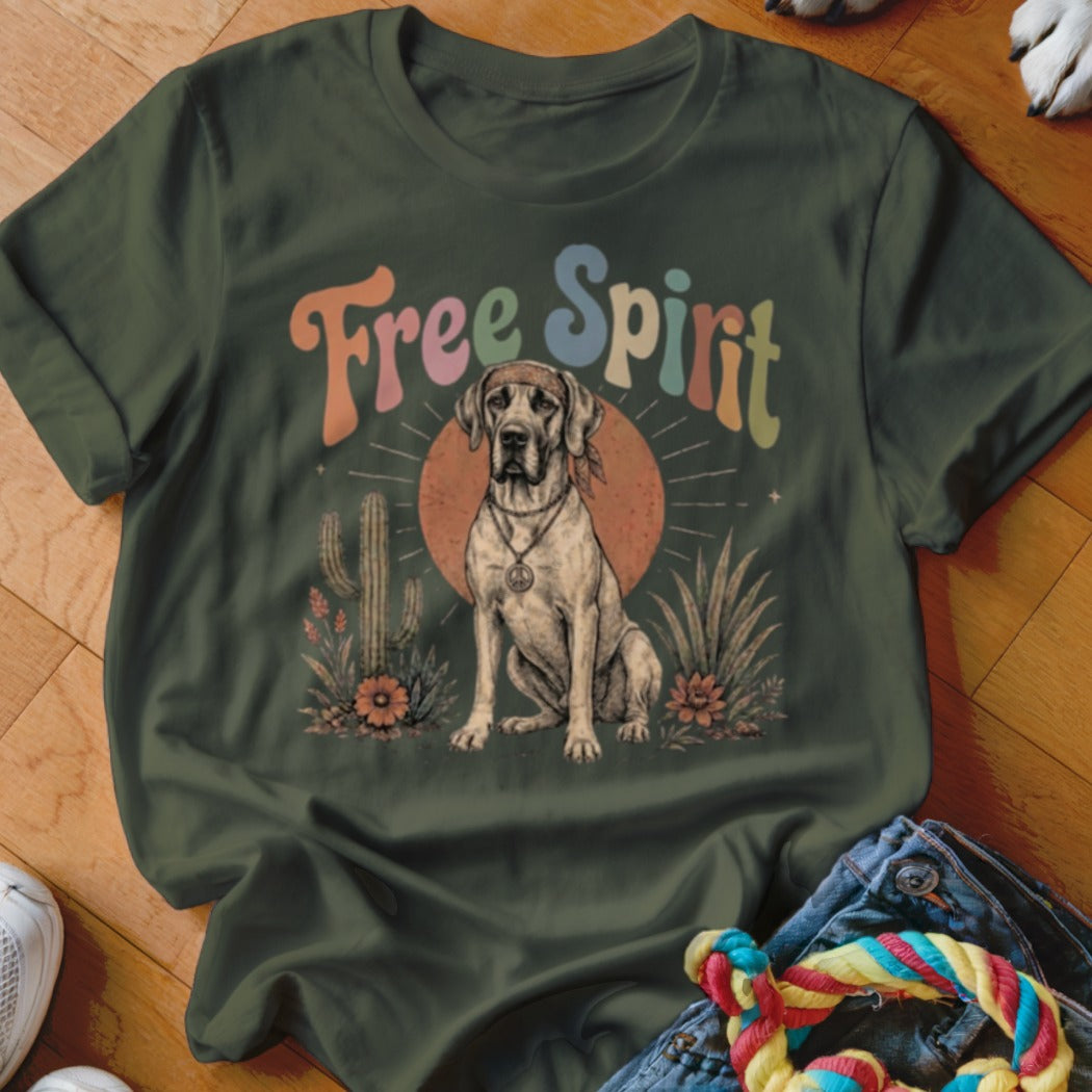 Great Dane dog with bandana and peace necklace, "Free Spirit" text, cacti and desert plants.