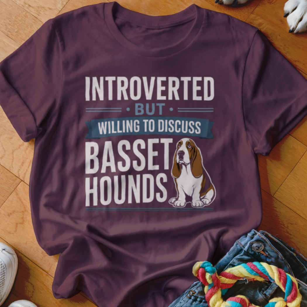 Introverted but willing to discuss basset hounds t-shirt with a basset hound graphic.