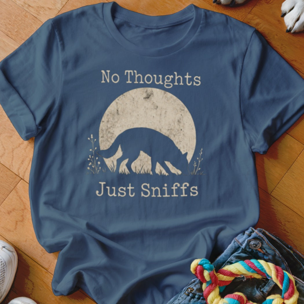 Blue t-shirt with "No Thoughts Just Sniffs" text and a dog silhouette.