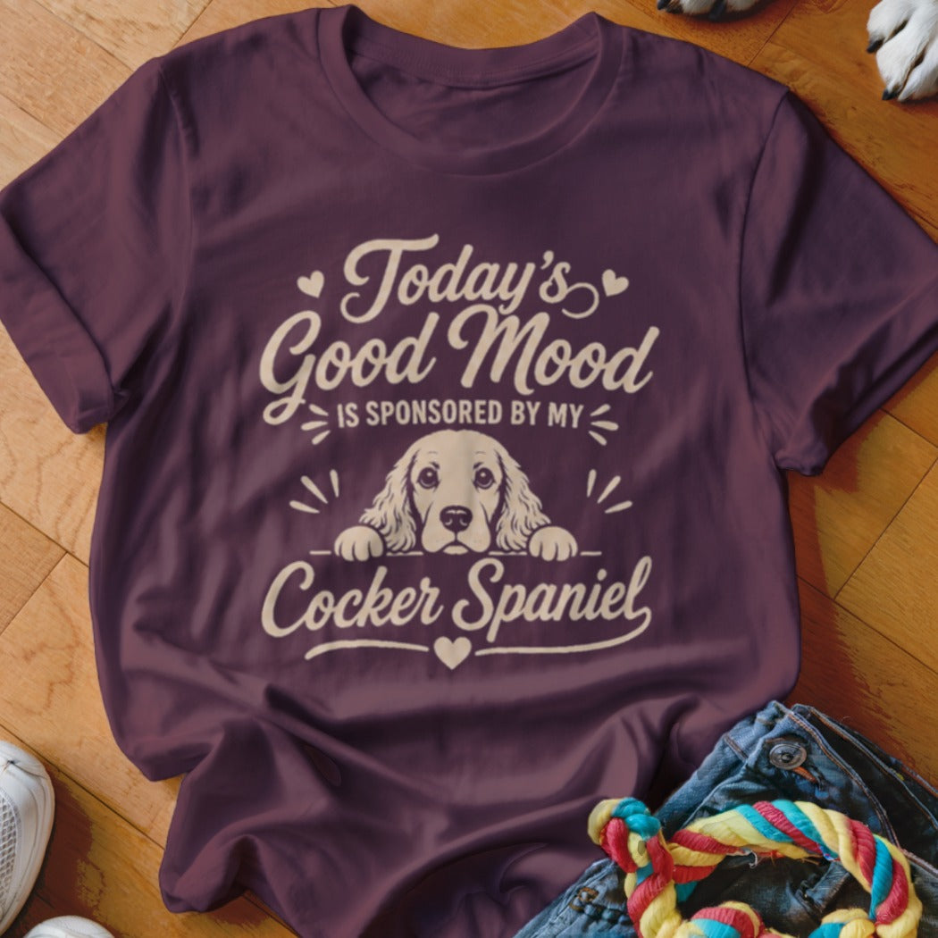 Maroon t-shirt with "Today's Good Mood Is Sponsored By My Cocker Spaniel" text and dog graphic.