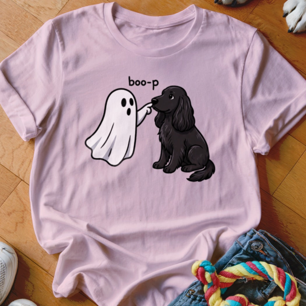 Pink t-shirt with a cartoon of a ghost booping a black dog's nose, text reads "boo-p".