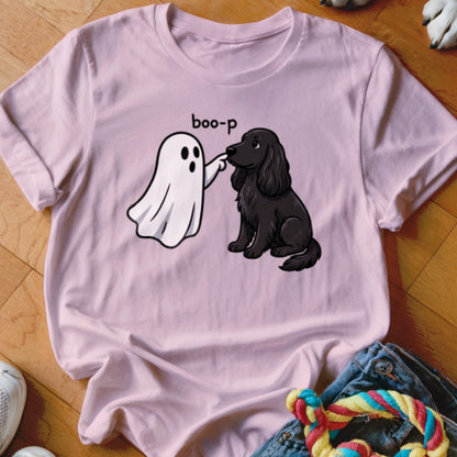 Pink t-shirt with a cartoon of a ghost booping a black dog's nose, text reads "boo-p".