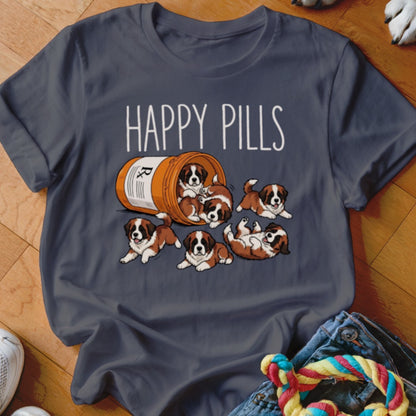 St. Bernard puppies spilling out of a pill bottle with text "Happy Pills."