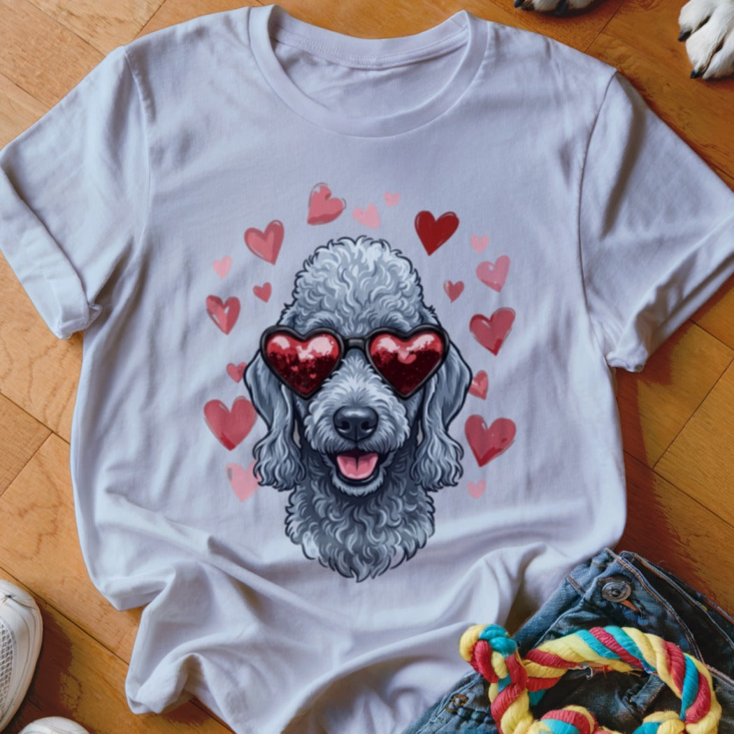 A white t-shirt featuring a graphic of a grey poodle wearing heart-shaped sunglasses surrounded by floating red hearts.