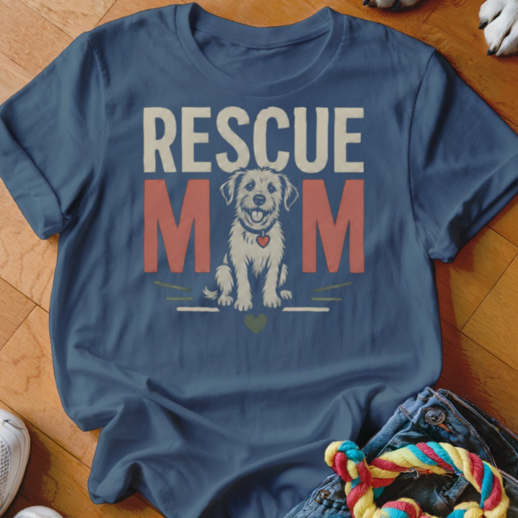Blue t-shirt with "RESCUE MOM" text and a happy dog.