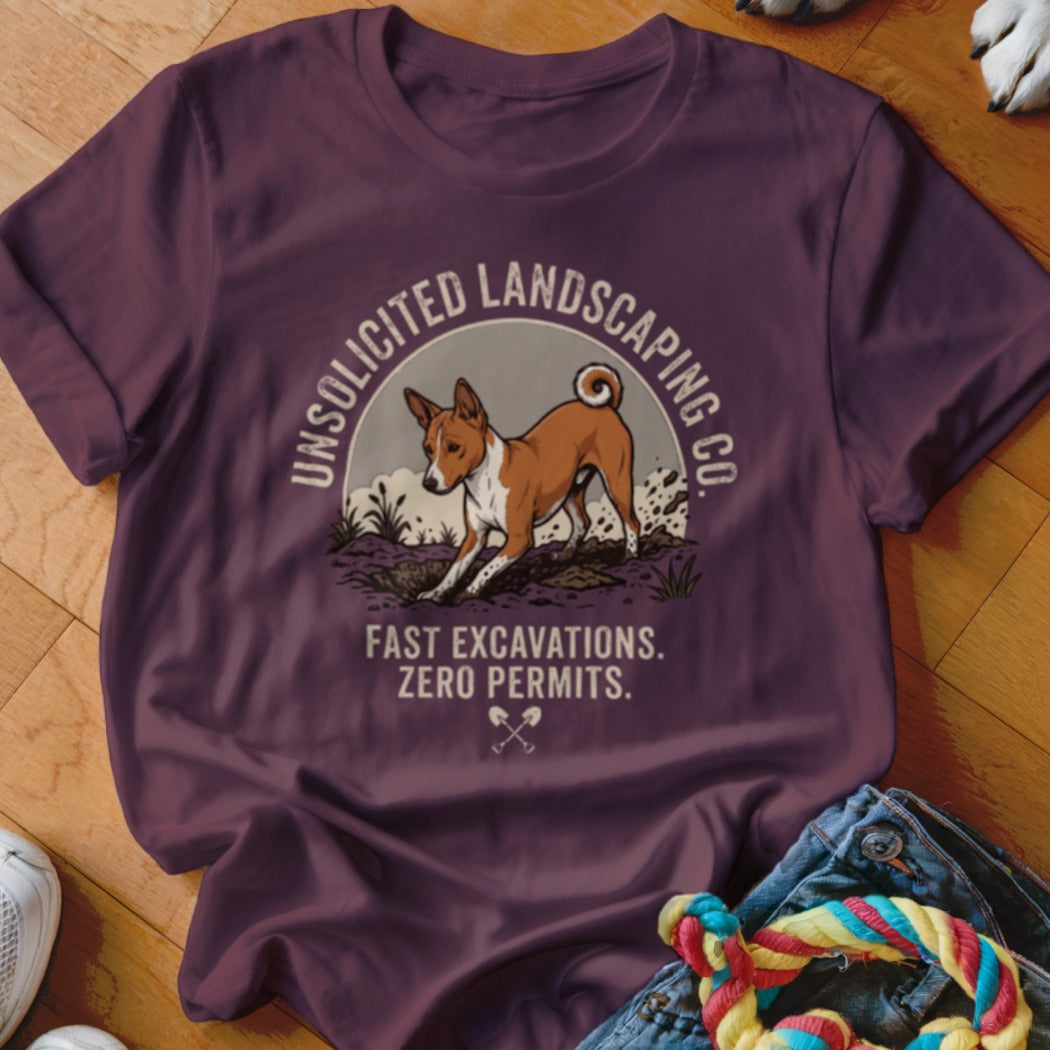 Basenji dog digging dirt with "Unsolicited Landscaping Co." and "Fast Excavations. Zero Permits." text.