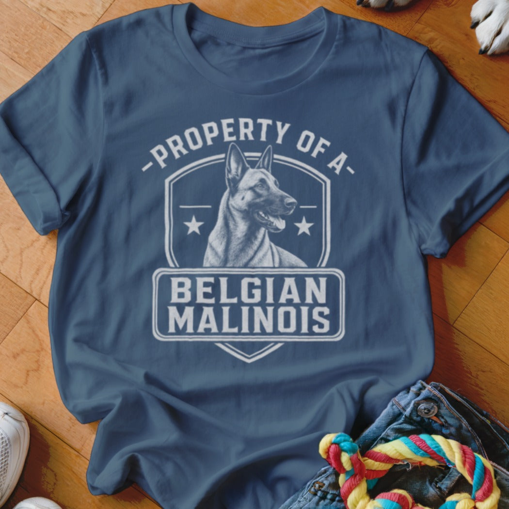 Blue t-shirt with "Property of a Belgian Malinois" and dog graphic design.