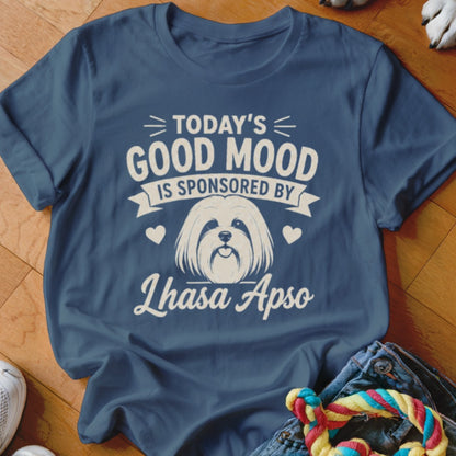 Blue t-shirt with "Today's Good Mood is Sponsored By Lhasa Apso" text and dog graphic.