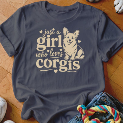 Dark t-shirt with "Just a girl who loves corgis" text and corgi illustration.