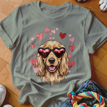 Sage green t-shirt featuring a graphic of a golden spaniel wearing heart-shaped sunglasses surrounded by pink hearts.