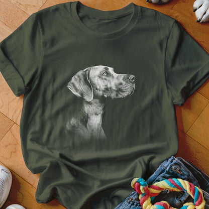 T-shirt with a charcoal sketch of a dog's head and shoulders.