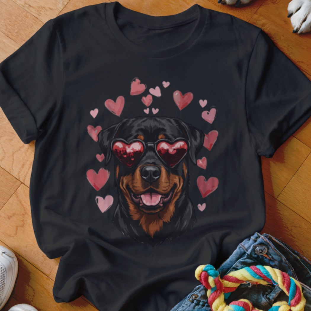 Black t-shirt featuring a graphic of a Rottweiler wearing heart-shaped sunglasses surrounded by pink hearts.