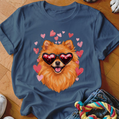 Dark blue t-shirt featuring a graphic of a fluffy Pomeranian dog wearing heart-shaped sunglasses surrounded by pink hearts.