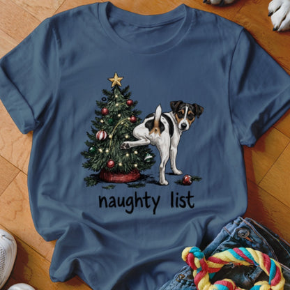 Jack Russell terrier near a Christmas tree with text "naughty list".