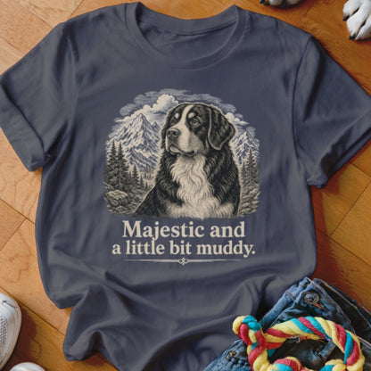Bernese Mountain Dog with mountains and trees, "Majestic and a little bit muddy." text.