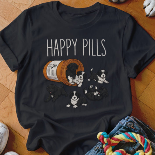 Black t-shirt with "HAPPY PILLS" text and cartoon puppies spilling from a medicine bottle.