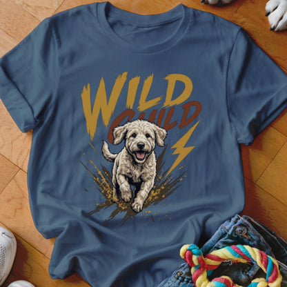 Blue crewneck t-shirt featuring a graphic of a playful, muddy labradoodle and the text Wild Child.