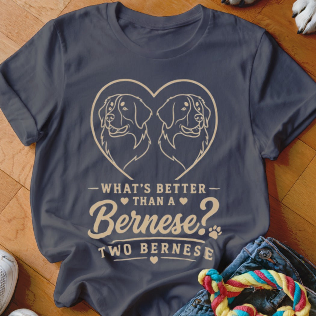 Dark blue t-shirt with "What's Better Than a Bernese? Two Bernese" text and dog outlines.