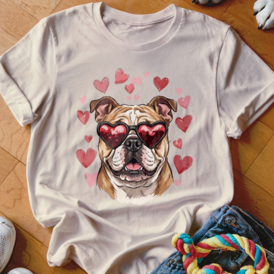 A cream-colored t-shirt features a graphic of an English bulldog wearing heart-shaped sunglasses, surrounded by pink hearts.