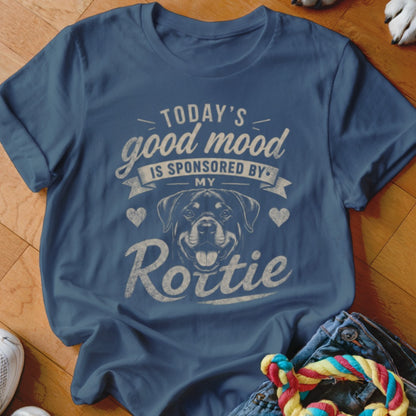 Blue t-shirt with "Today's good mood is sponsored by my Rottie" and Rottweiler graphic.