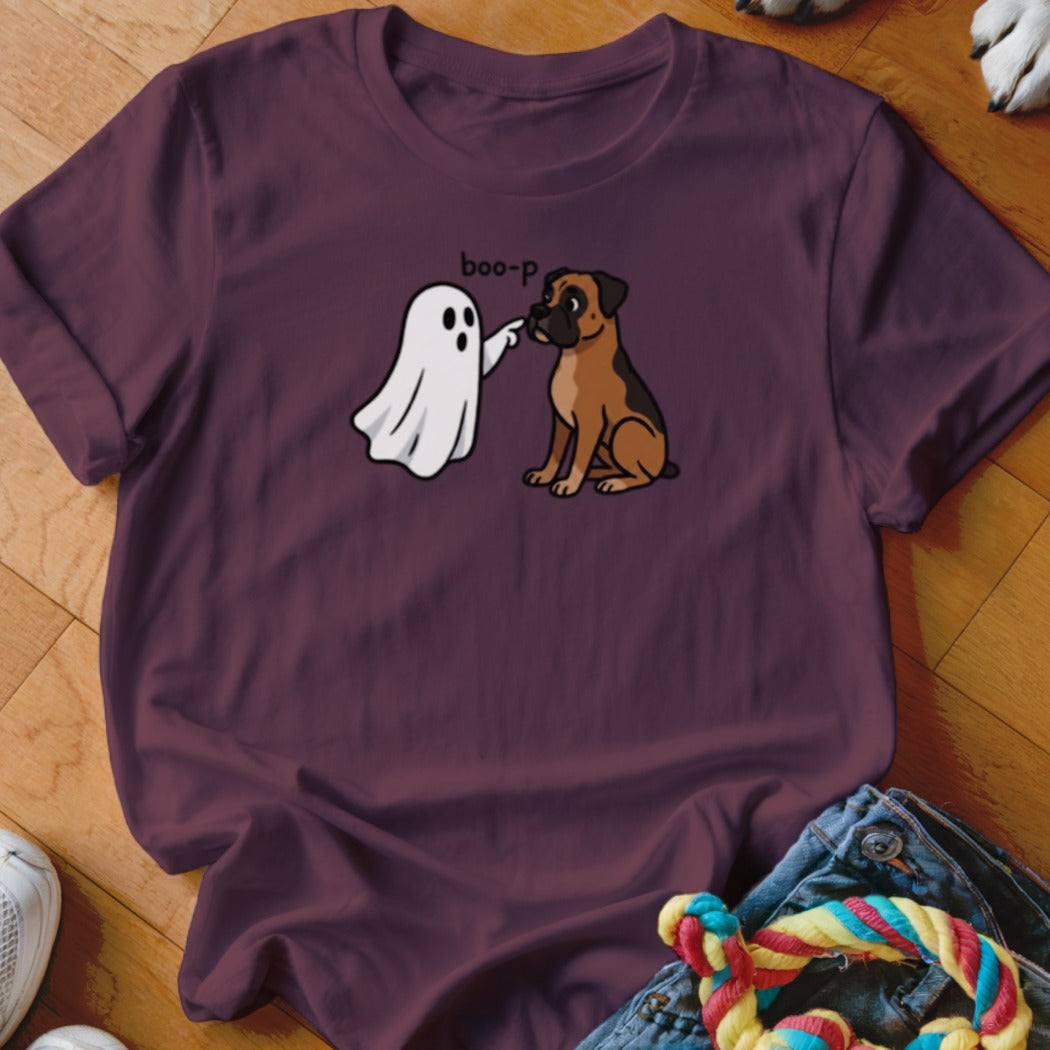 Cartoon ghost boops a boxer dog on the nose, text says "boo-p".
