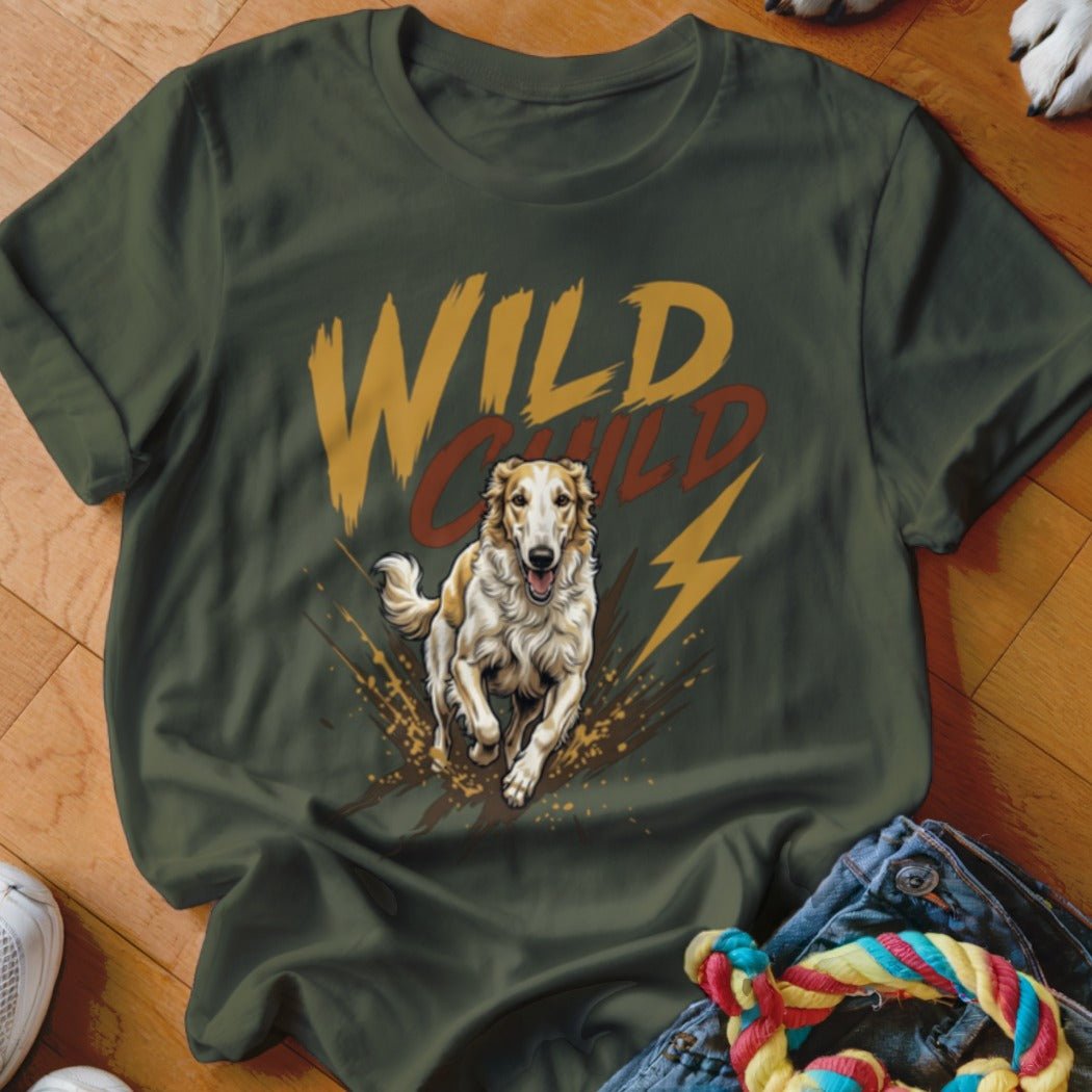 Dark green t-shirt with a graphic of a running dog and the text Wild Child.