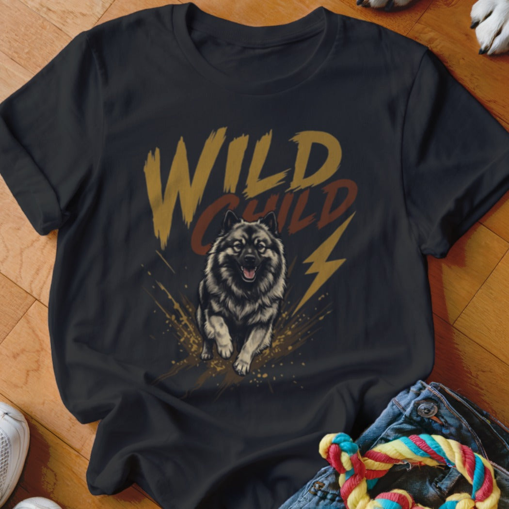 Black t-shirt featuring a graphic of a running wolf and the text "WILD CHILD".