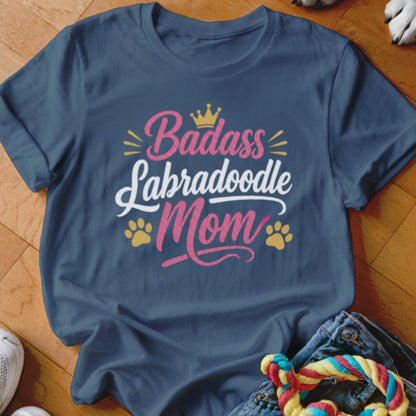 Navy t-shirt with "Badass Labradoodle Mom" in pink and white lettering.
