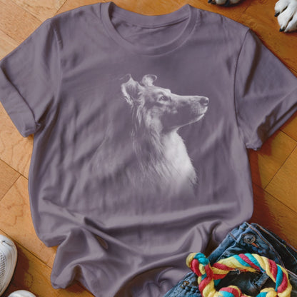 Purple t-shirt with a faded portrait of a collie dog's head and shoulders.
