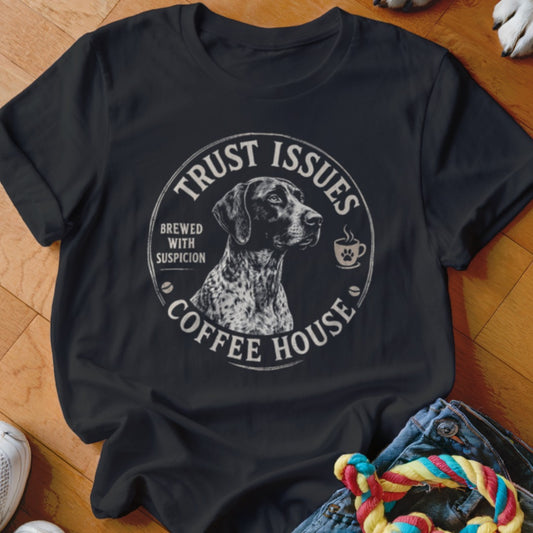Black t-shirt with a dog and "Trust Issues Coffee House" graphic.