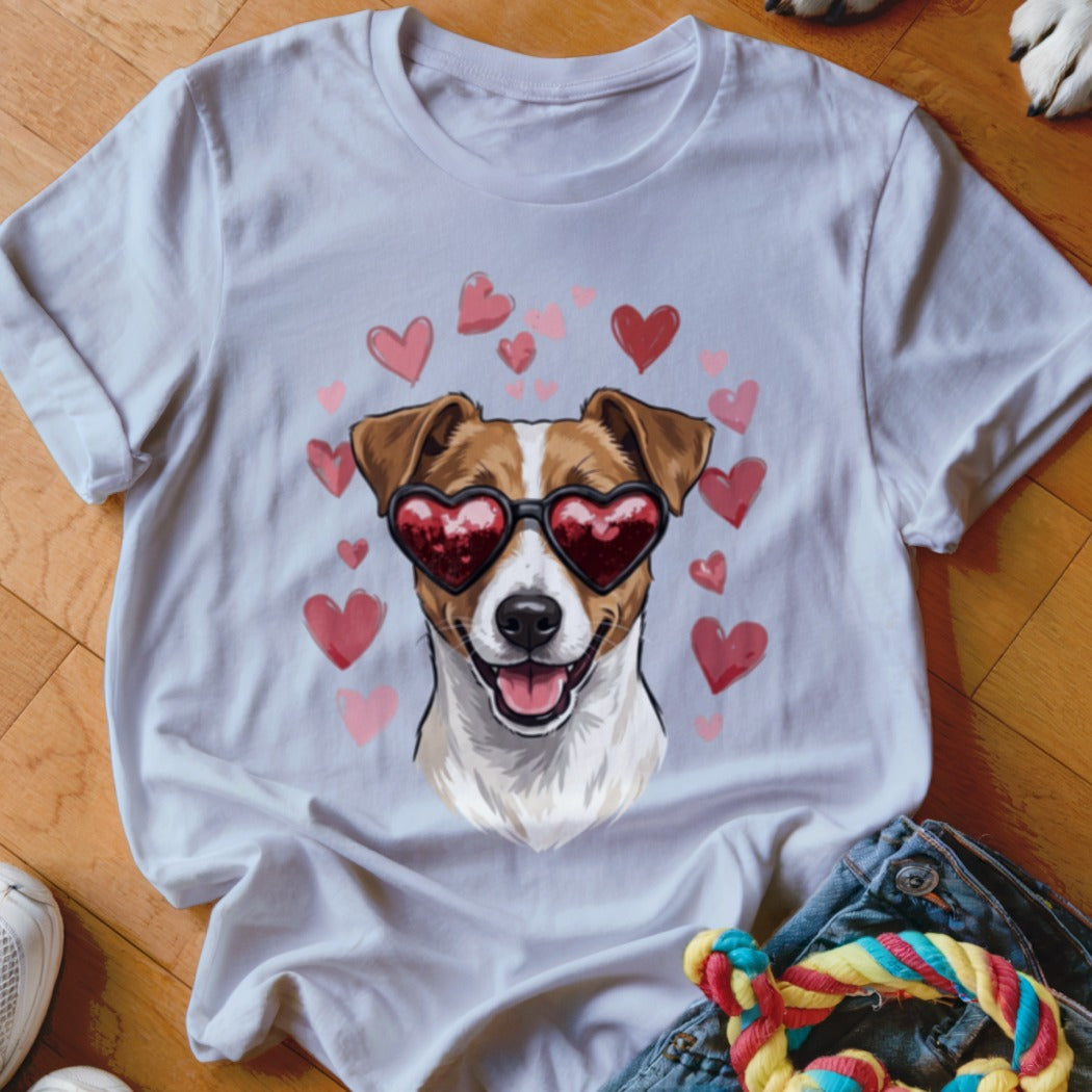 White t-shirt featuring a cartoon dog wearing heart-shaped sunglasses, surrounded by pink and red hearts.