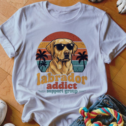 White t-shirt featuring a retro graphic of a yellow Labrador wearing sunglasses before a sunset and palm trees, with the text Labrador Addict Support Group.