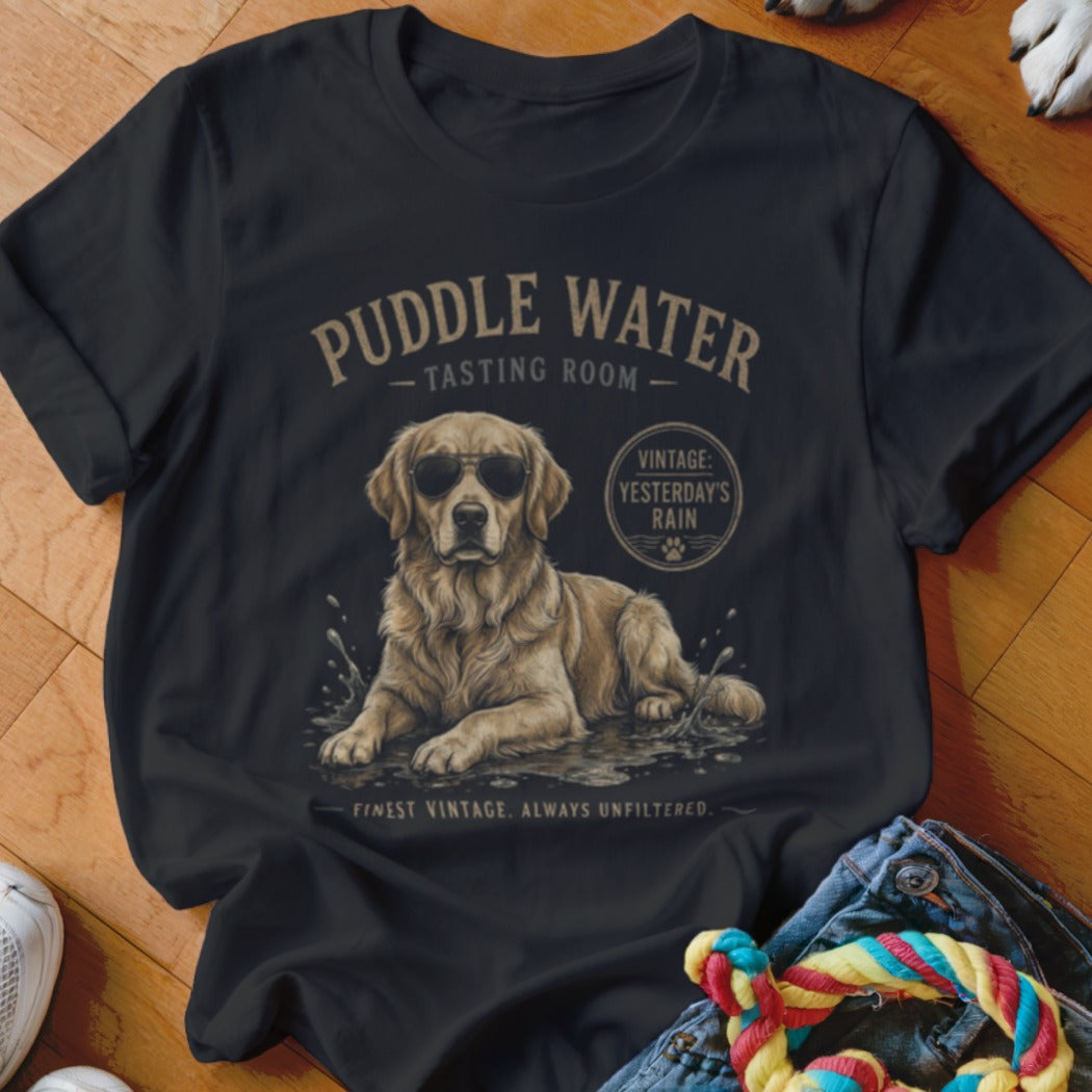 Black t-shirt featuring a graphic of a golden retriever wearing sunglasses in a puddle with text.