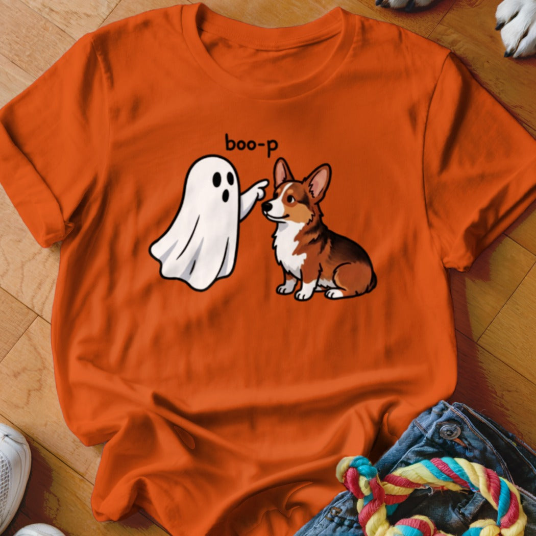 Ghost booping a corgi with the text "boo-p" printed above.