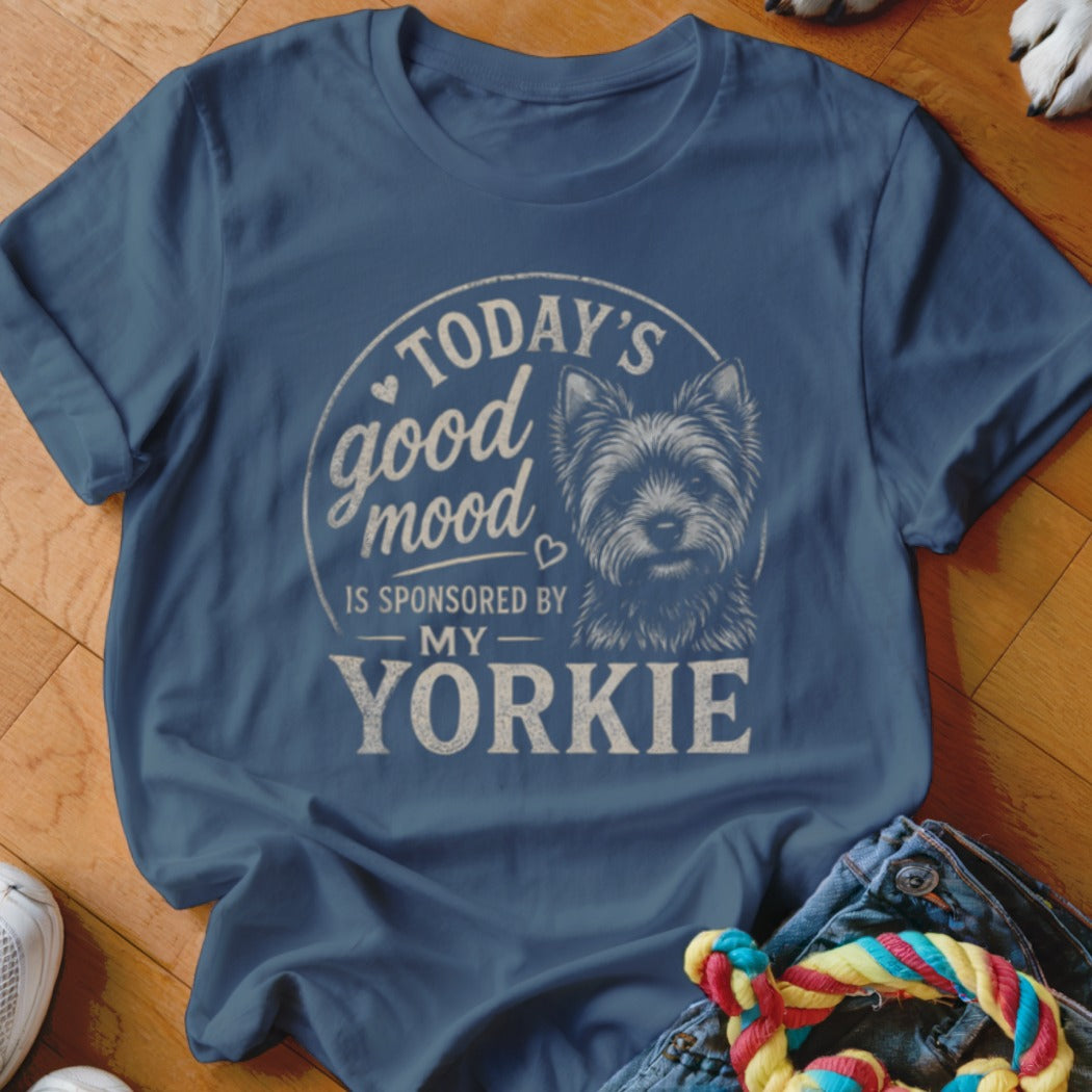 Blue t-shirt with "Today's good mood is sponsored by my Yorkie" text and a dog graphic.