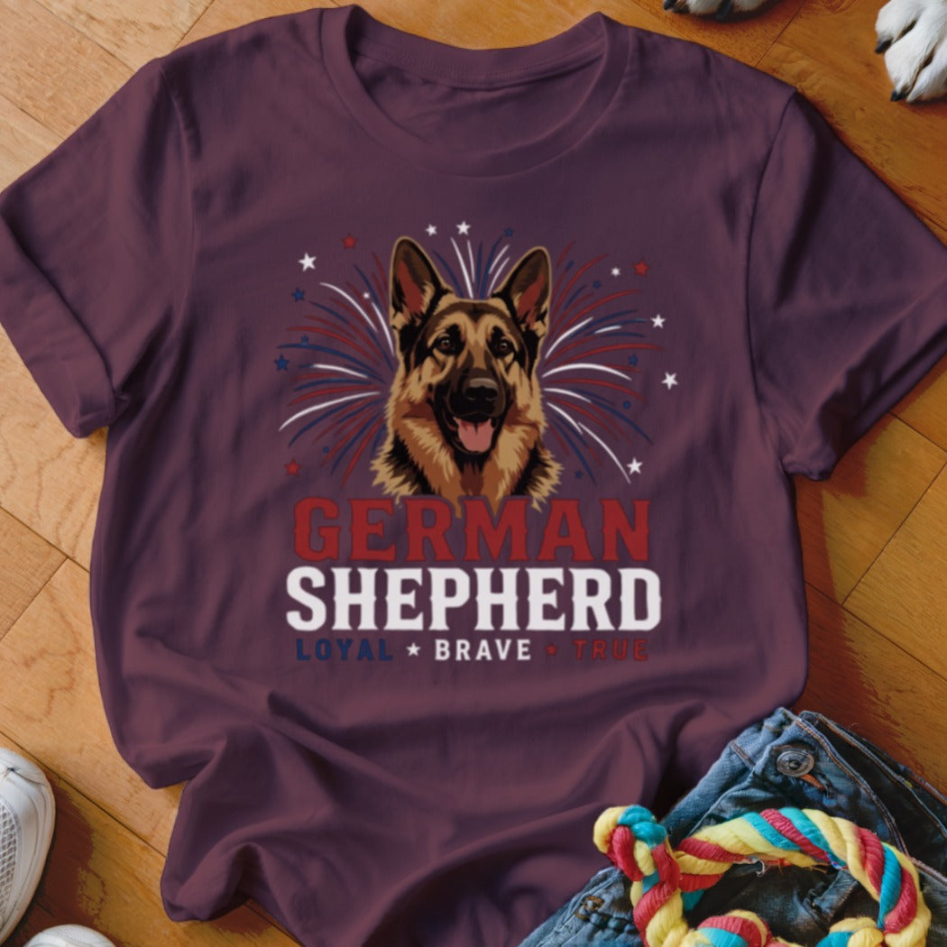 Maroon t-shirt with German Shepherd design and patriotic elements.