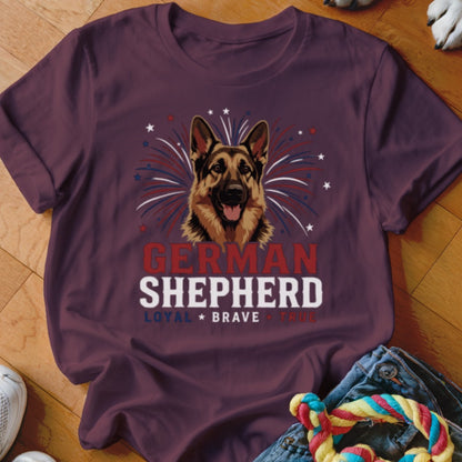 Maroon t-shirt with German Shepherd design and patriotic elements.