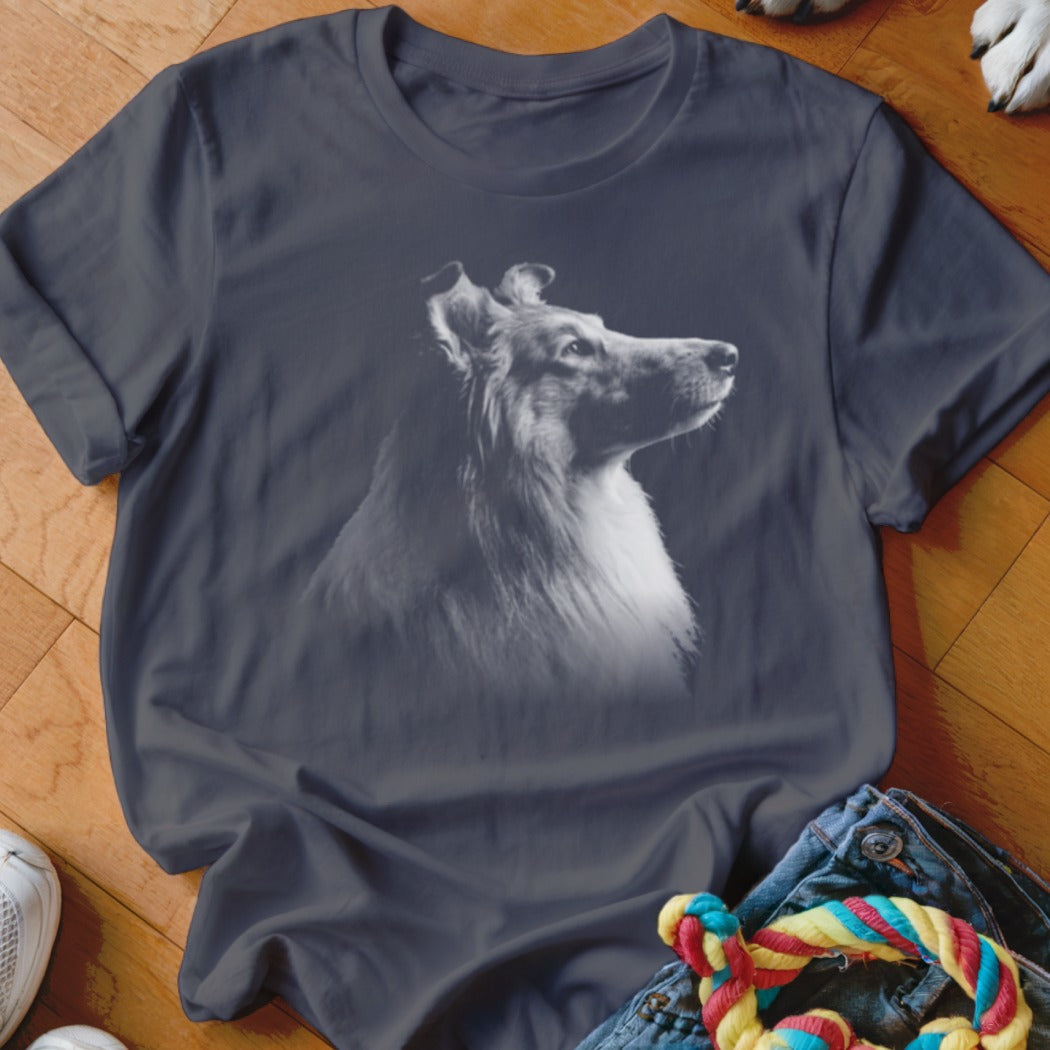 T-shirt with a black and white portrait of a Collie dog's head.