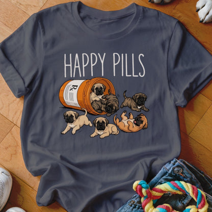 T-shirt graphic with text "HAPPY PILLS" and several mastiff puppies spilling from a pill bottle.