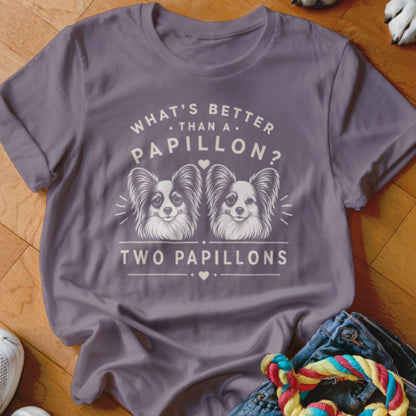 Purple t-shirt with "What's Better Than A Papillon? Two Papillons" text and two dogs.