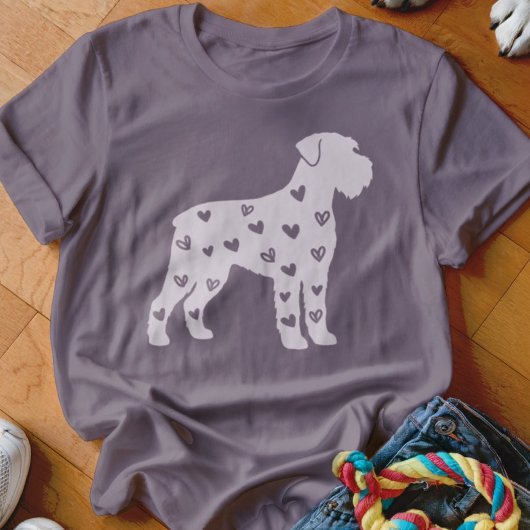 Grey t-shirt with a white silhouette of a schnauzer dog filled with hearts.