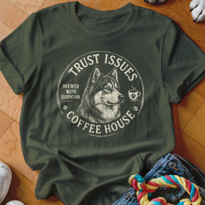 Green t-shirt with a distressed circular graphic of a husky and "Trust Issues Coffee House" text.