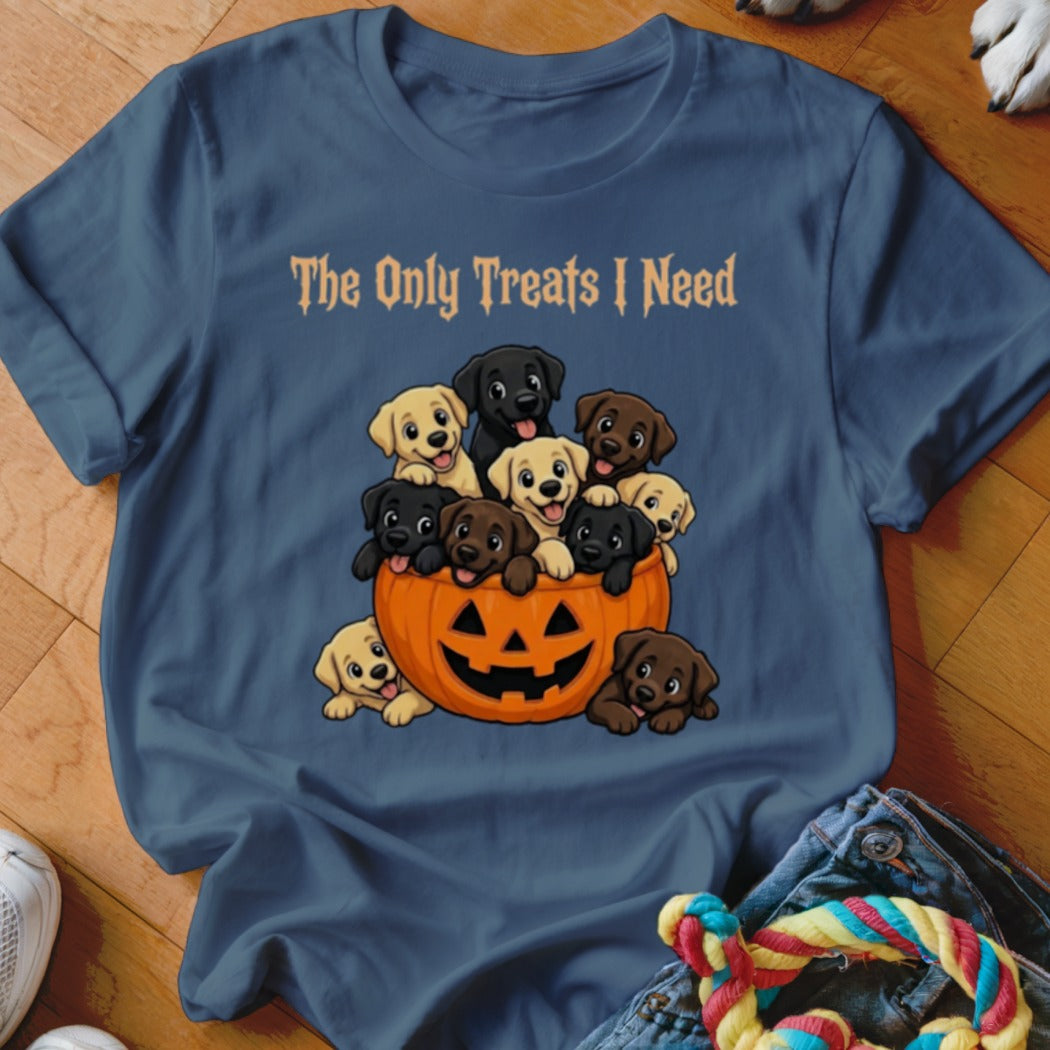 Blue t-shirt with a Halloween pumpkin filled with puppies and the text "The Only Treats I Need".