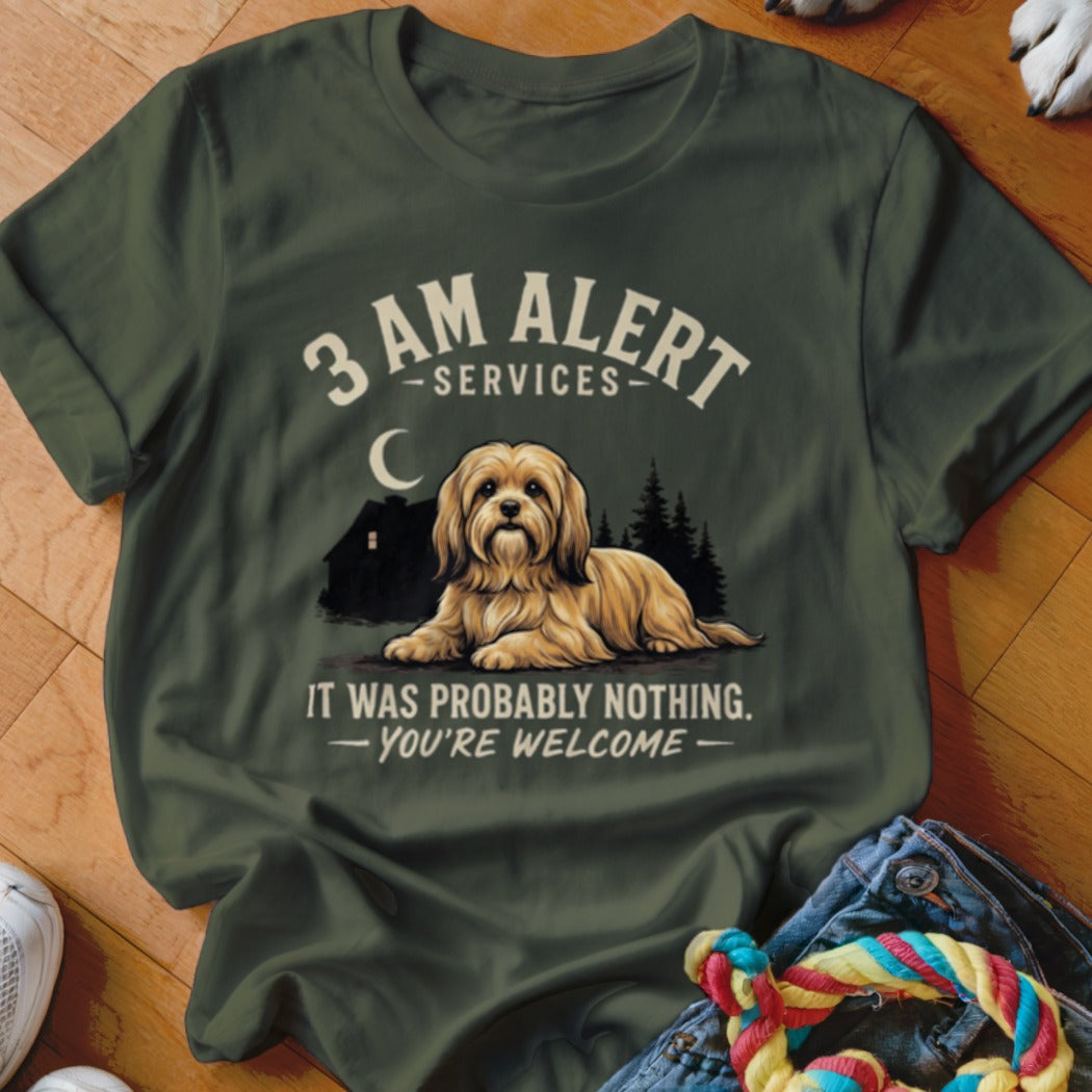 T-shirt graphic with dog, house, moon, and text "3 AM ALERT SERVICES, IT WAS PROBABLY NOTHING. -YOU'RE WELCOME."