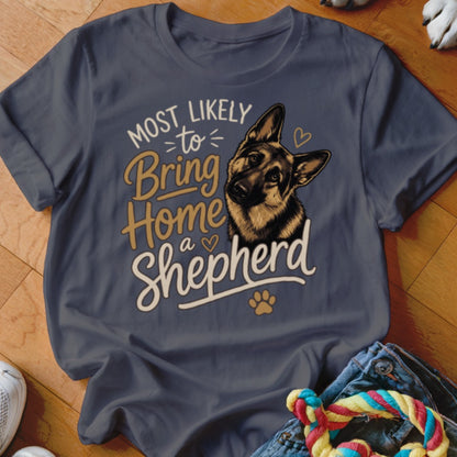 German Shepherd with text "Most Likely to Bring Home a Shepherd".