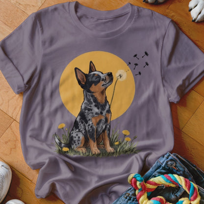 Purple t-shirt featuring an illustration of an Australian Cattle Dog sitting before a yellow sun, blowing dandelion seeds.