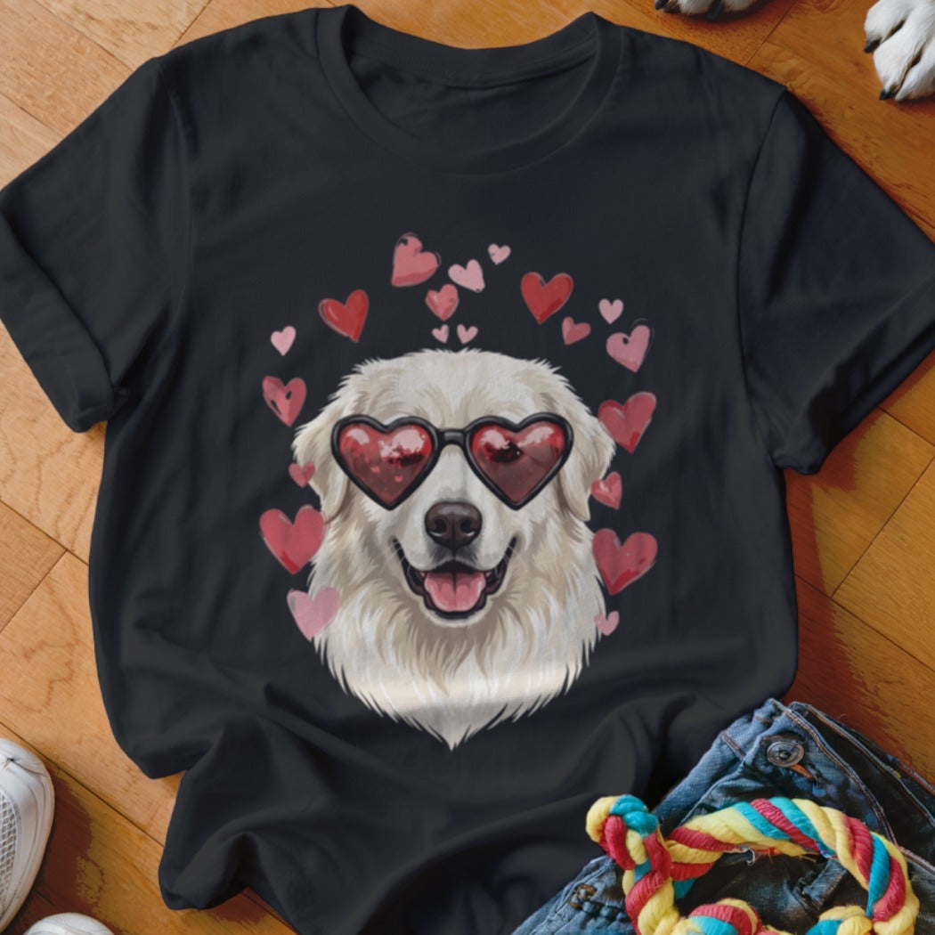Black t-shirt featuring a graphic of a white dog wearing heart-shaped sunglasses surrounded by pink and red hearts.