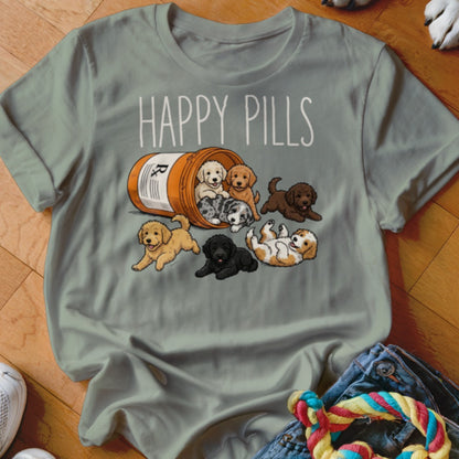 T-shirt with "Happy Pills" text and puppies spilling from a prescription bottle.