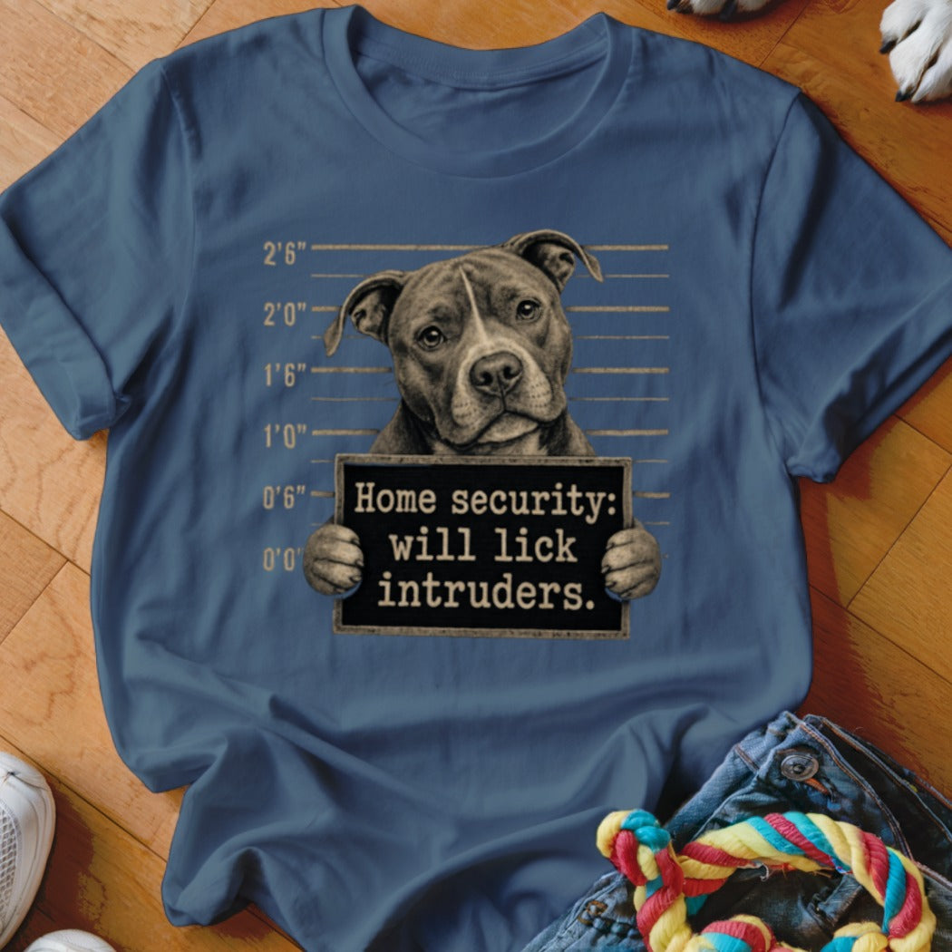 Pit bull mugshot with "Home security: will lick intruders" text.